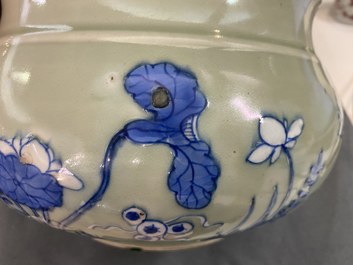 A Chinese blue and white celadon-ground censer, Kangxi